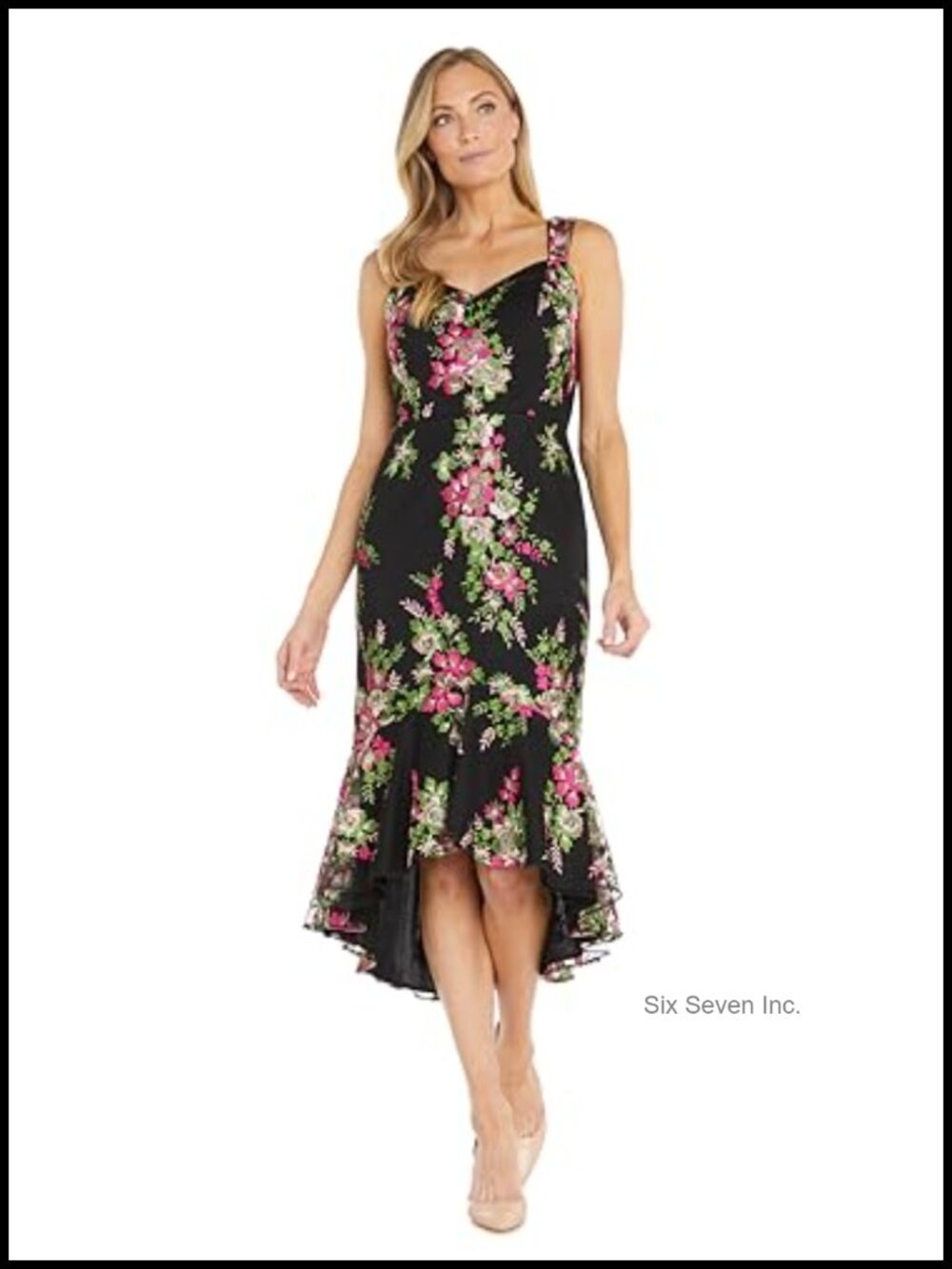 R&M Richards Sleeveless Floral Embroidered Flounce High Low Dress